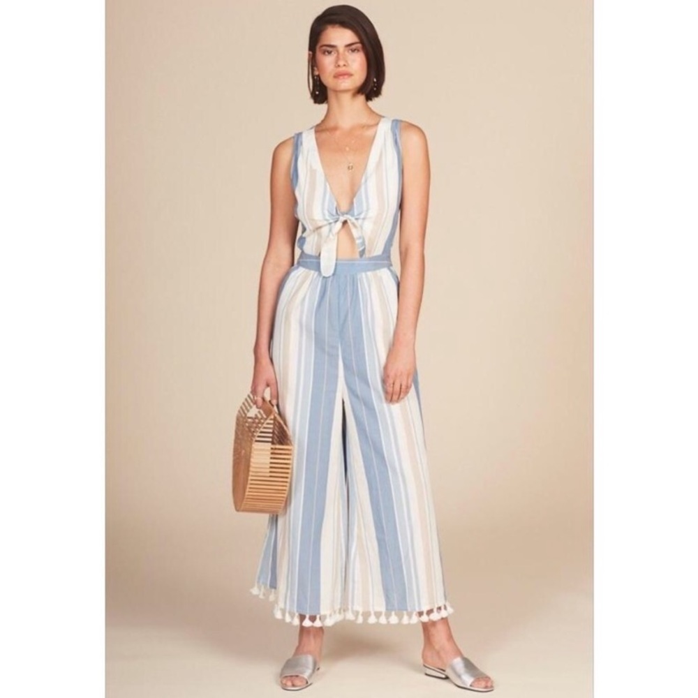 ANTHROPOLOGIE Cleobella Blue Ivory Striped Tassel Canela Wide Leg Jumpsuit Small